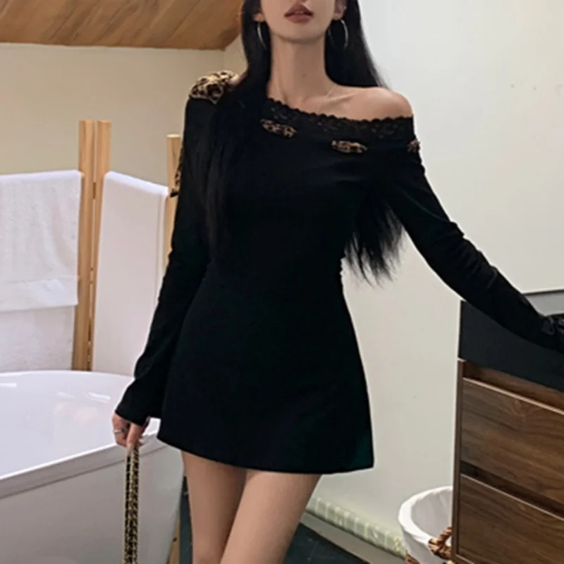 Sexy Dress Women y2k Clothes Leopard Print Lace Trim Off Shoulder Long Sleeve A Line Mini Dress Party Dresses Clubwear