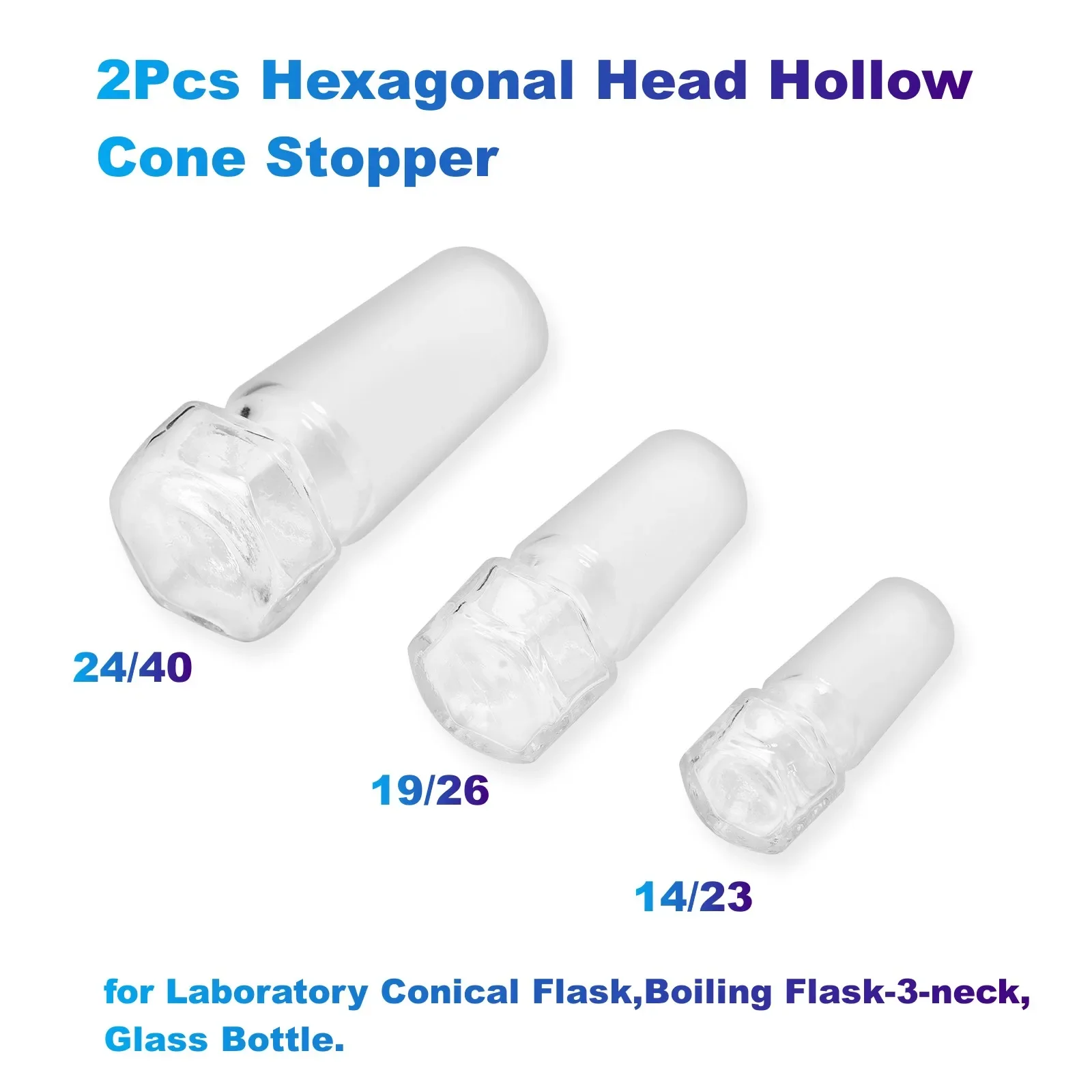 2Pcs Hexagonal Head Hollow Cone Stopper 14/23, 19/26, 24/40 for Laboratory Conical Flask,Boiling Flask-3-neck, Glass Bottle