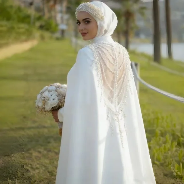 Muslim Style Wedding Dress With Long Sleeves High Collars Satin Pearl Sequins Decoration Vestido De Novia Women's White Customiz