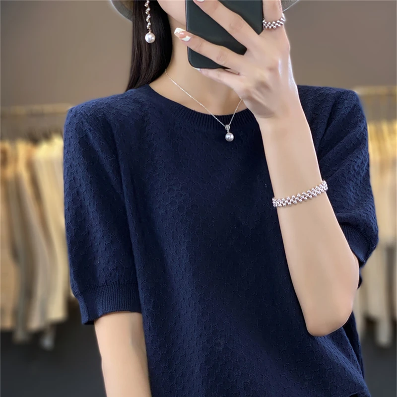 Pure Cotton Hollow Short-Sleeved Ladies Spring And Summer Loose Slim New Joker Knit Bottoming T-Shirt
