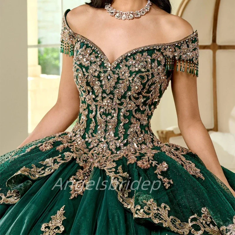 Angelsbridep ที่กําหนดเอง Emerald Green Ball Gown Quinceanera ชุด 2025 Glitter Tulle หวาน 16 ชุดราตรี Vestido De 15 Años