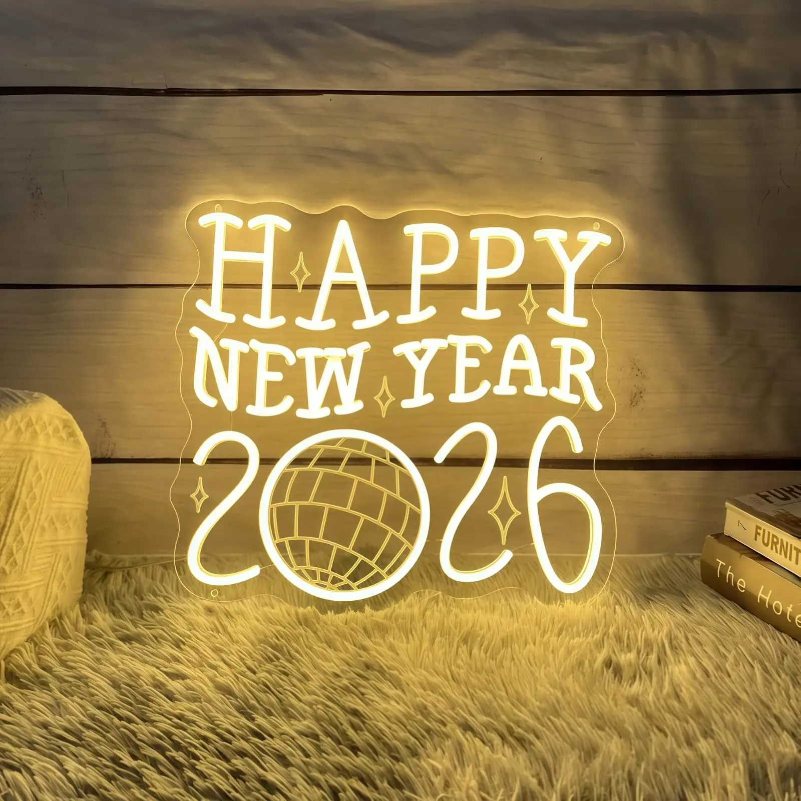

Happy New Year 2026 Neon Sign with Dimmable Disco Ball LED Light Up for Wall Decor Retro New Year Christmas Party Home Gift