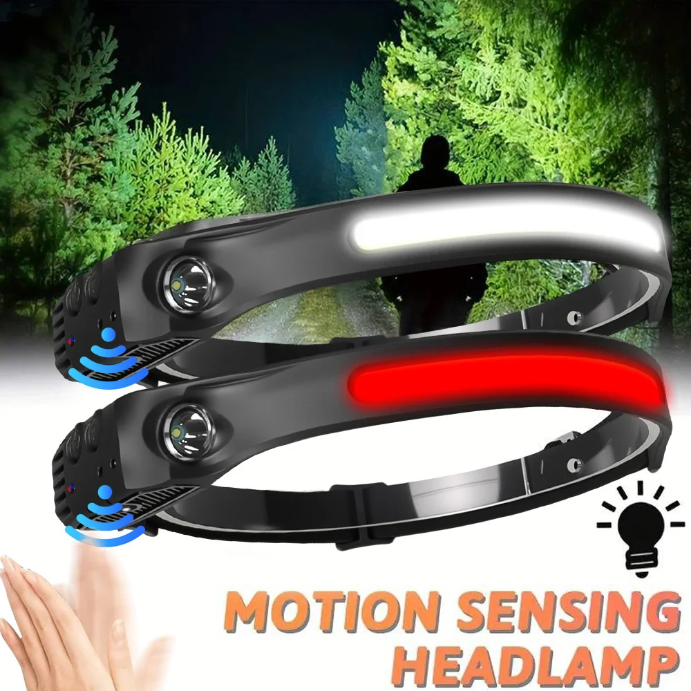 

Christmas Lighting COB Headlamp Induction 6000K LED Bar Head Torch Work Light 5 Modes Rechargeable for Climbing Running Cycling