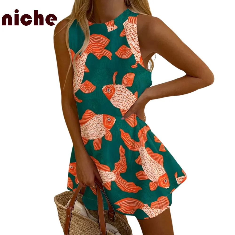 Sardines Koi Printed Dress Ladies 2024 Trend New Bamboo Hemp Fabric Elegant Retro Beachwear New Party Dresses