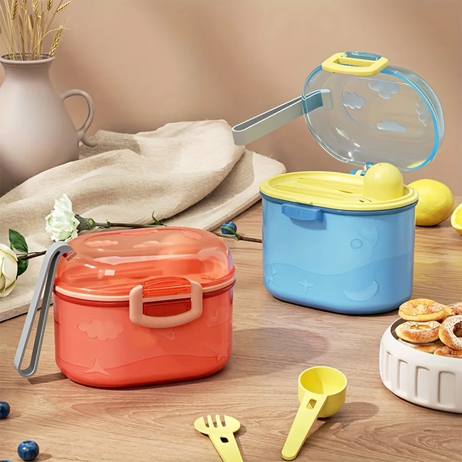 Portable Double-Layer Printed Milk Powder Container with Spoon, Fork and Lanyard,Milk Powder Storage Box Set for Easy Feeding