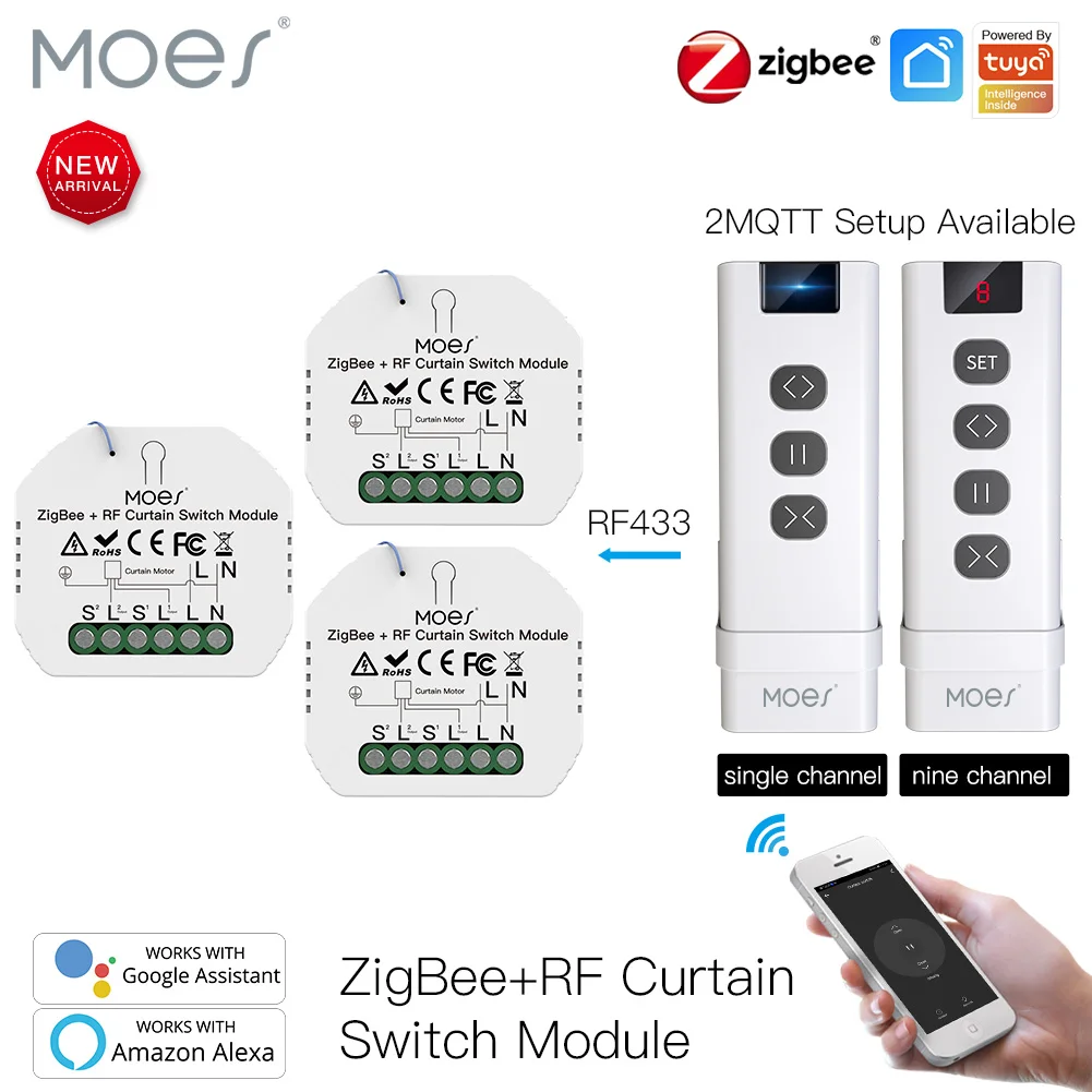 MOES ZigBee Smart RF433 Curtain Switch Module  for Motorized Roller Shutter Blinds Motor 2MQTT Smart Life APP Alexa Google Home