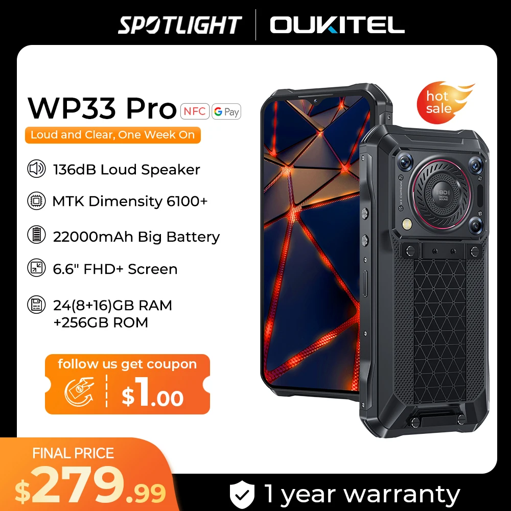 Oukitel WP33 프로 5G 견고한 스마트폰, 22000mAh 6.6 인치 FHD + 휴대폰, 24GB 256GB 휴대폰, 64MP 카메라 33W 