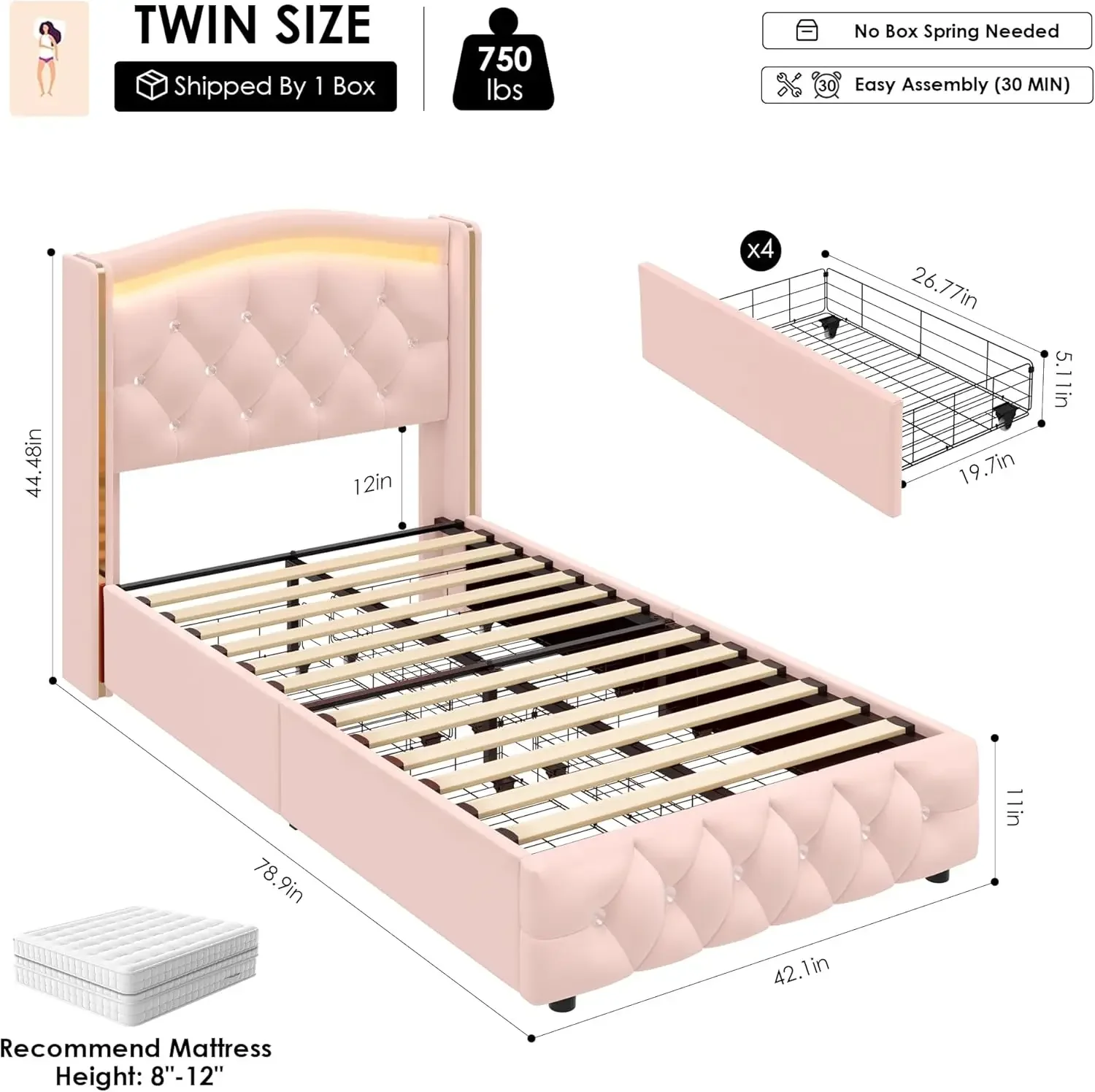 Tapicerowana rama łóżka podwójnego LED z kryształowym zagłówkiem z guzikami i 4 szufladami do przechowywania, aksamitna płytka Princess Twin Size