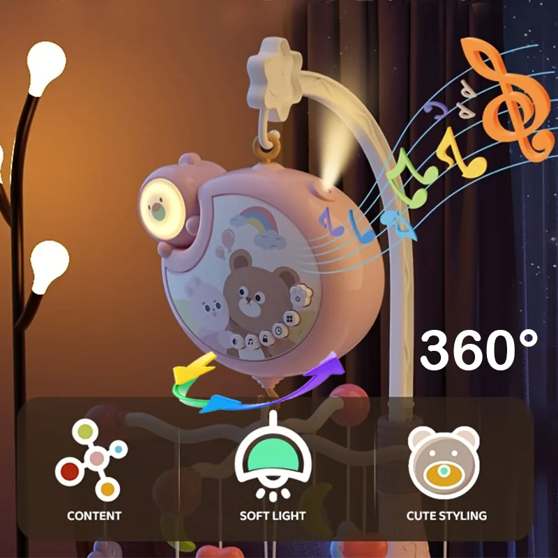 360 °   Culla musicale per bambini, mobile rotante, luce notturna, proiezione, letto, campana, giocattolo, quattro velocità, timing, appeso, neonato, comodino, Gif