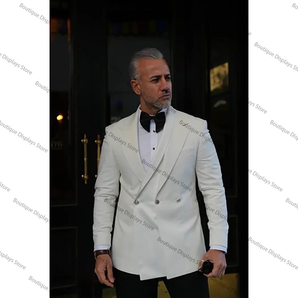 Chic Three Row Buckle Men Suit Two Pieces(White Jacket+Black Pants) Lapel Outfits Chic Casual Party Prom Wedding Set