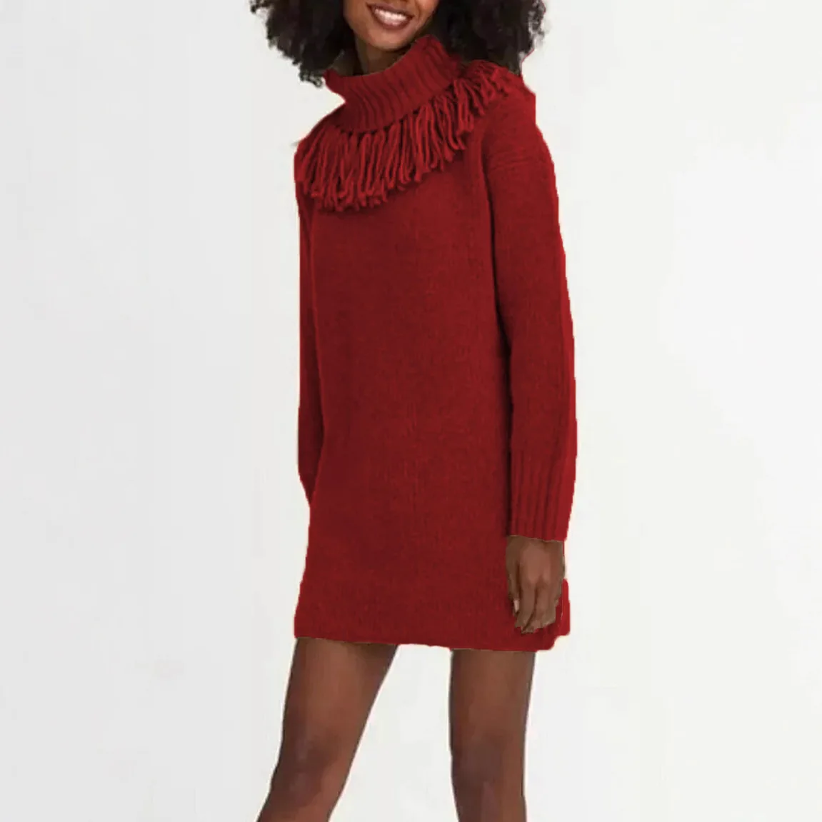 Autumn Winter Knitted Loose Long Sleeve High Collar Tassel Sweater Women's Open Cardigan Fashion Outerwear Dress