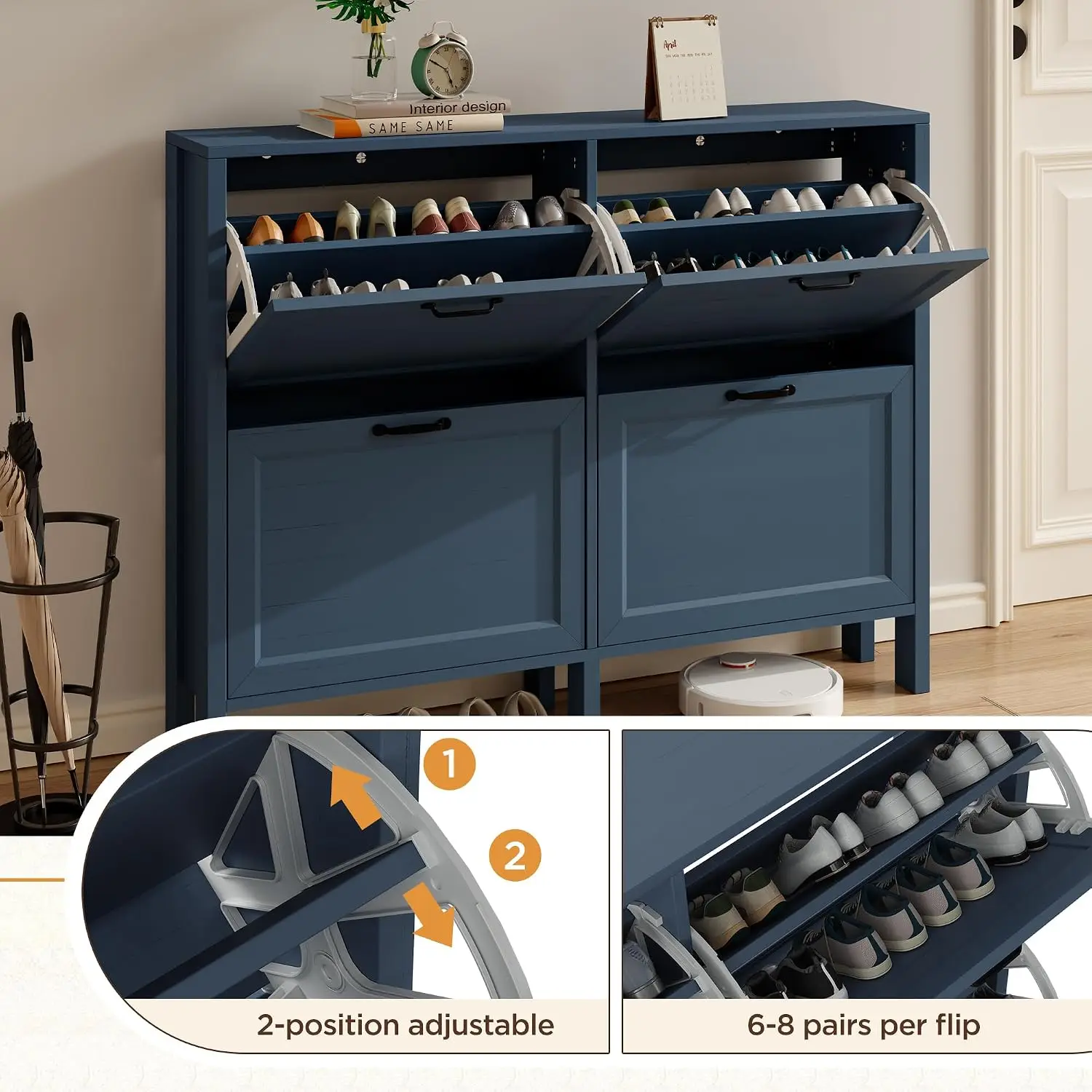 Narrow Shoe Storage Cabinet with 2 Flip Drawers, Freestanding Hidden Organizer for Entryway & Hallway, 4-Layer Blue, Customized