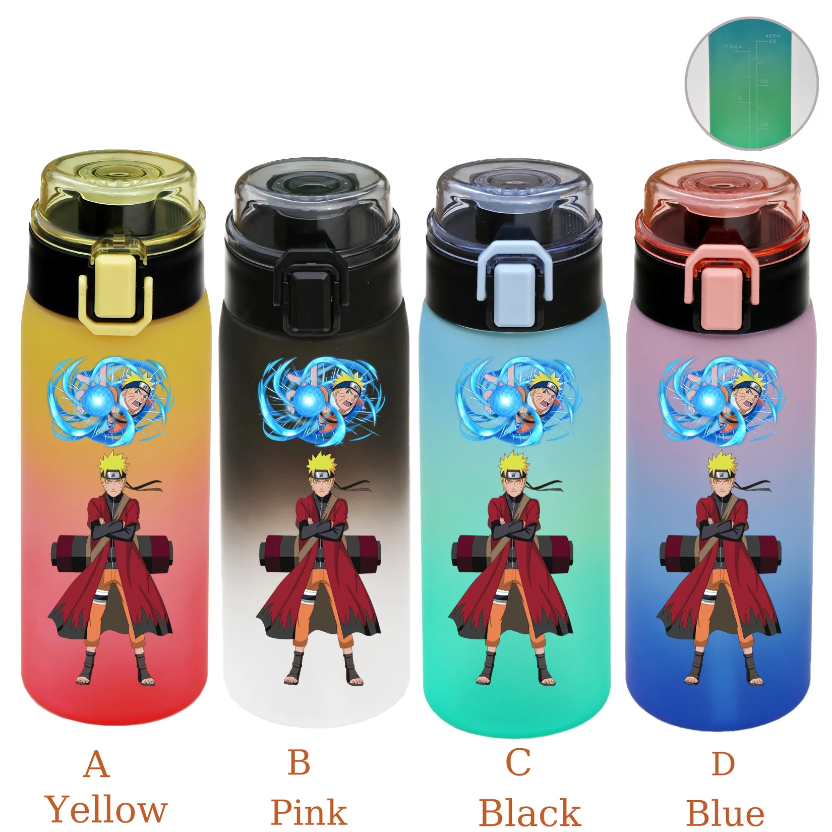 500ML NARUTO Sports Water Bottle Gradient Color Plastic Drinking Bottle Uzumaki Uchiha Sasuke Kakashi Cartoon Travel Office Jugs