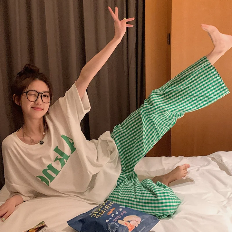 

Green Plaid Pants Women Y2k Streetwear Korean Fashion Vintage Wide Leg Trousers Loose Casual Pajamas 2 Pcs