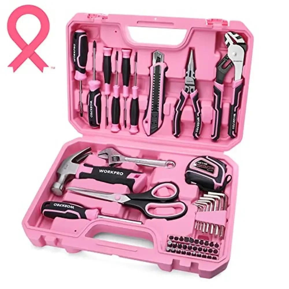 52-Piece Pink Household Tool Kit Storage Toolbox Basic Set Home Garage Apartment Dorm New House Maintenance DIY Repairs Claw