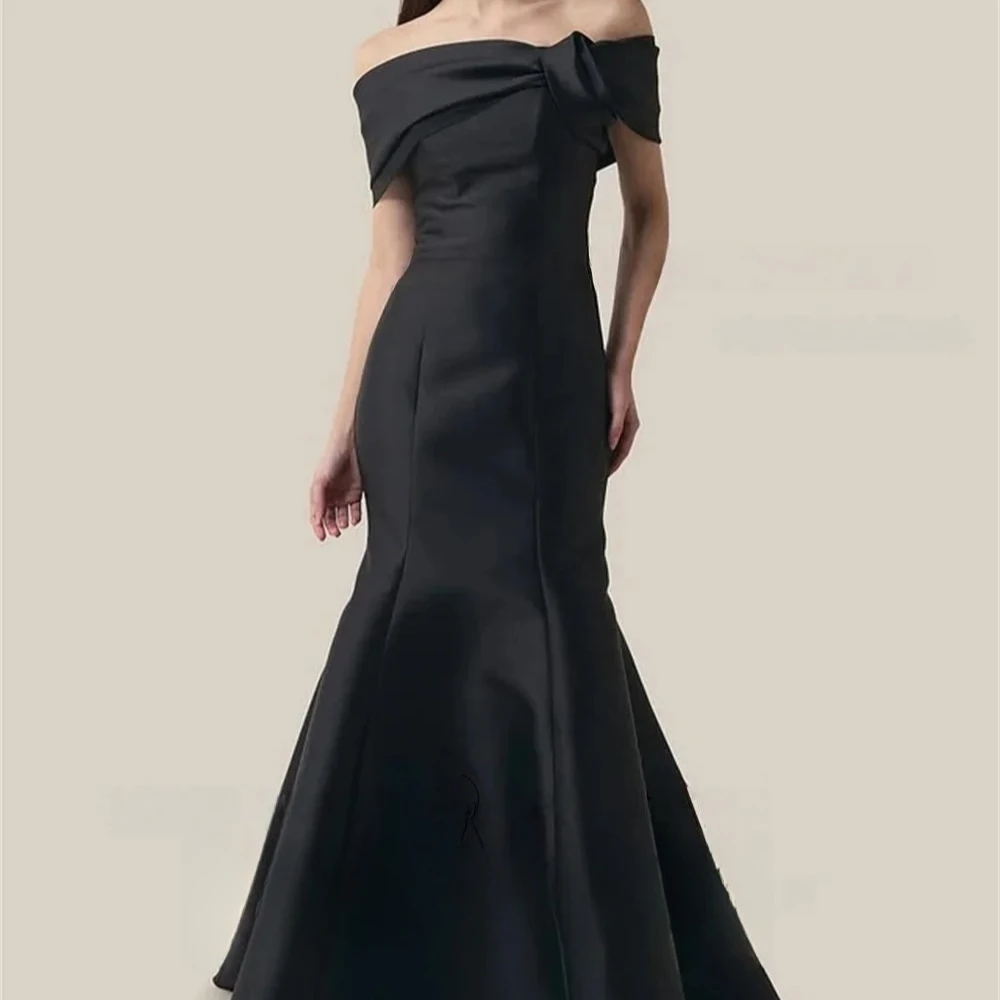 Customized Simple Strapless Mermaid Black Korea Evening Dresses Off The Shoulder Thick Satin Floor Length Wedding Dress