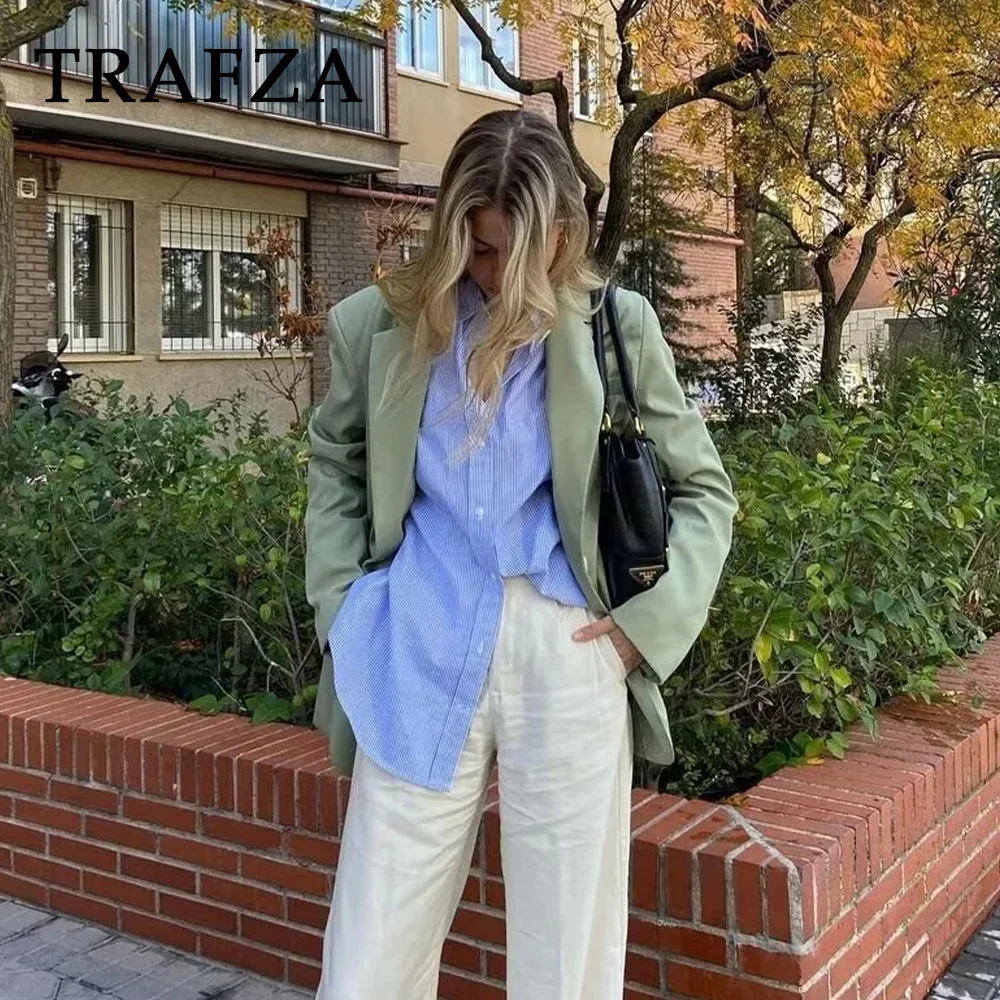 TRAFZA 2024 Spring Summer Office Lady Blazers Fashion Chic Casual Solid Single Button Elegant Oversized Shrug Women Blazers