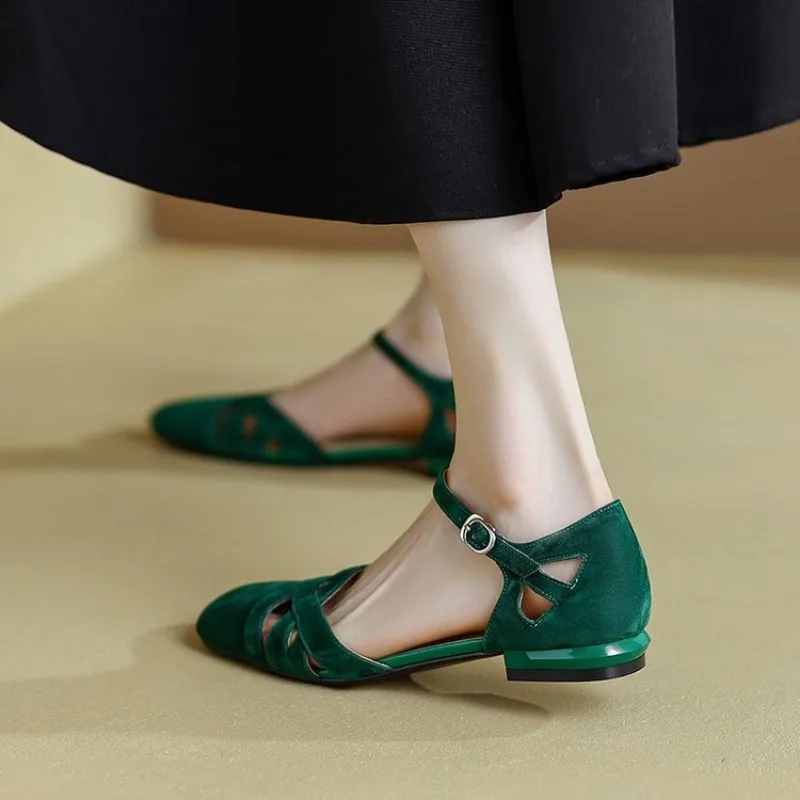 French Retro Peep Toe Roman Sandals Women 2026 New Square Toe Velvet Slip-On Flat Shoes Summer Breathable Casual Footwear