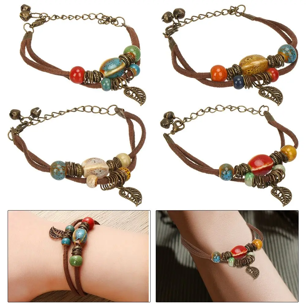 Hand-woven Cowhide Rope Bracelet Ceramic Bead Bohemian Bracelet Birthday Gift Accessories Creative Popular Gift Jewelry