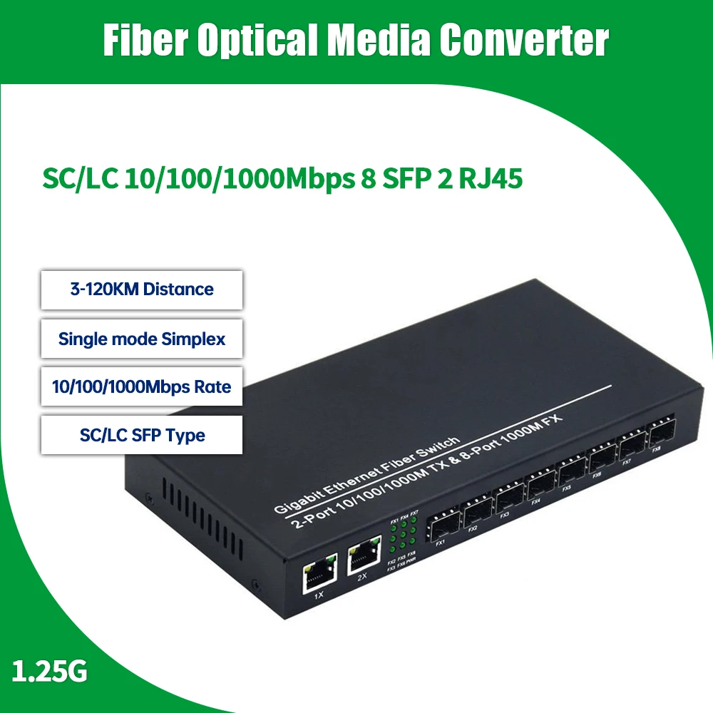 1PCS 8 SFP to 2 RJ45 Transceiver Gigabit SFP Media Converter 10/100/1000M for 3-120KM LC/SC SFP Module Fiber Optic Switch