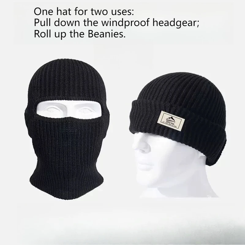 Knitted Pullover Cap Autumn and Winter Warm Ear-Protecting Hats Dual-Purpose Outdoor Windproof Hood Cold Cap and Face Mask