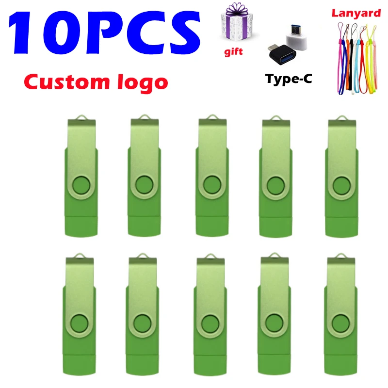 10PCS/LOT Custom Logo OTG for Mobile Phone/computer Type-c Drive 4gb 8gb 16gb 32gb 64gb Speed Rotation Usb Pendrive As Gift