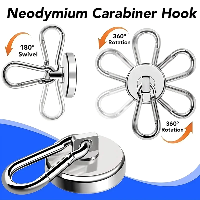 Strong Neodymium Magnetic Hooks 360°Rotation Carabiner Magnet Ring Keychain Hook for Home Refrigerator Kitchen Bathroom Hanging