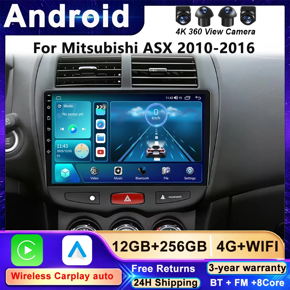 For Mitsubishi ASX 2010-2014 2015 2016 Car Radio Carplay GPS Navigation Screen Android Auto 5G Wifi Stereo Bluetooth Unit