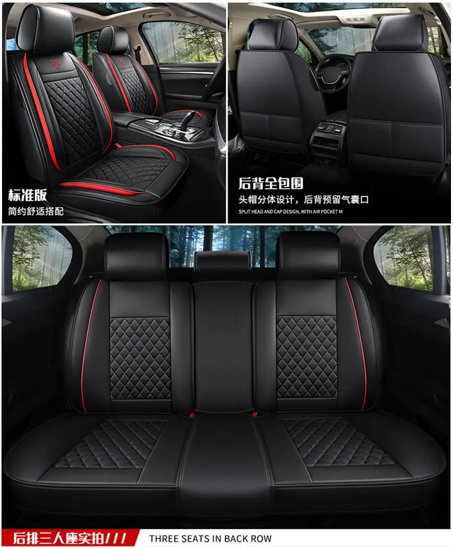 5-Sits Car Seat Covers Full Surrounded PU Leather Seat Cushion Set Pad Black+Red