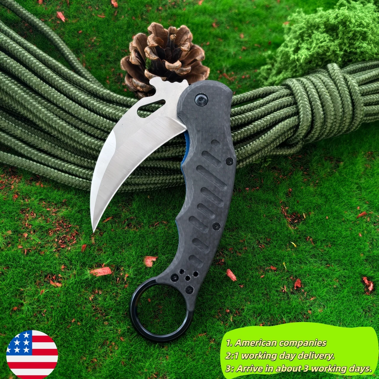 

Custom claw folding knife featuring sturdy carbon fiber grip, reliable quality and quick delivery from local US stock. Ergonomic design for comfortable holding, ideal portable tool for camping, hiking and everyday outdoor use.