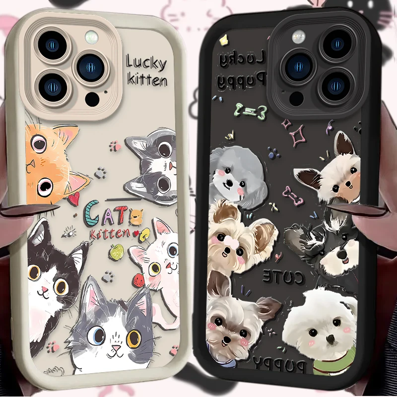 Lovely Cartoon Cat Dog Phone Case for iPhone 16 15 14 13 12 11 Pro Max XS X XR 8 7 6S Plus SE 2020 Silicone Shockproof Funda