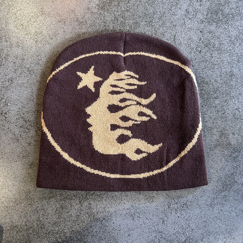 Unisex Flammen-Stern-Jacquard-Strickmütze Hip-Hop Streetwear Skull Cap für Männer und Frauen Herbst Winter Warme Modische Grafik-Strickmütze – Detail 9