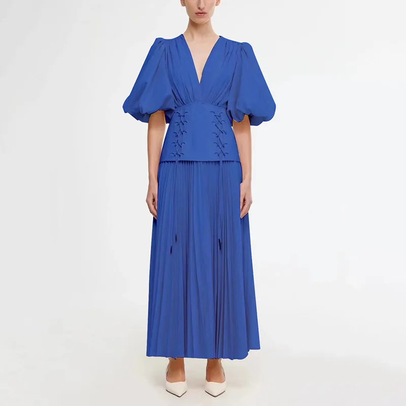 

High-end Tie Waist Slimming Long Dress 2025Summer New DeepVPuff Sleeve Design Dress Women