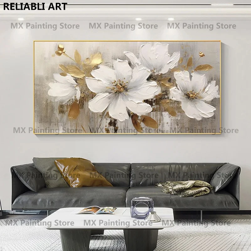 Gold Flower Oil Painting On Poster, Canvas Prints Wall Art, Abstract White Floral Painting, Living Room Decor,Home Decor Unframe