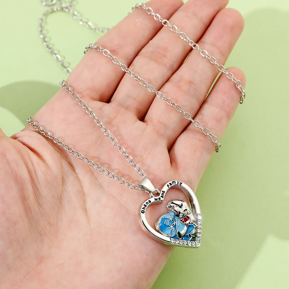 Disney Cartoon Lilo Stitch Pendant Necklace Kawaii Ohana Heart Shape Family Jewelry Accessories Girl Toy Friend Gifts