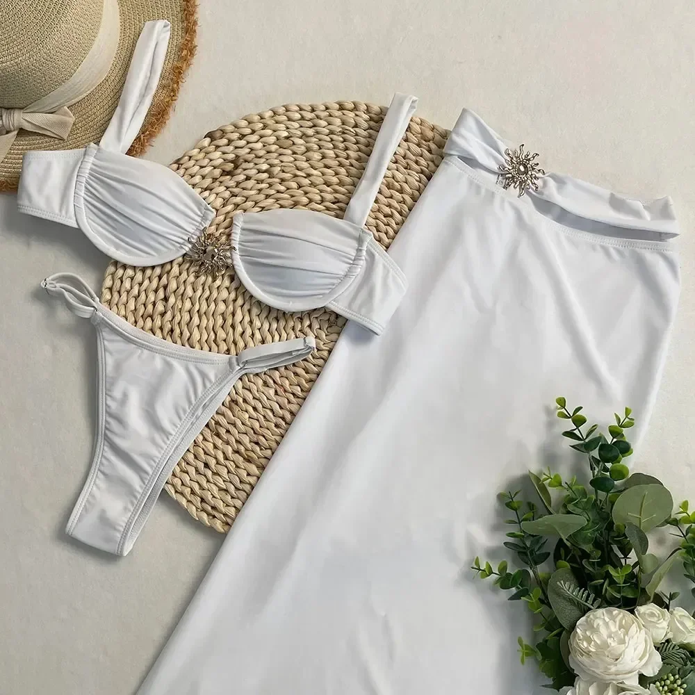 جديد ملابس السباحة للنساء ملابس السباحة 3 صور مجموعة بيكيني تنورة طويلة ملابس السباحة الإناث الاستحمام الصيف الشاطئ ثوب السباحة بحر Biquini