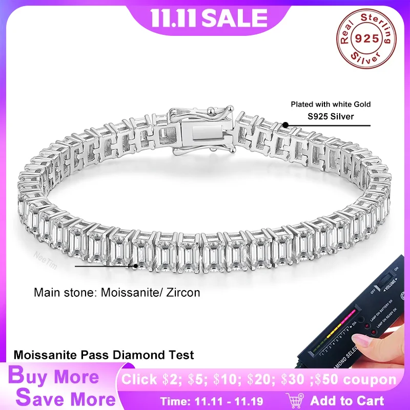 

NeeTim изумрудной огранки с муассанитом, теннисные браслеты для женщин и мужчин, стерлинговое серебро 925, лабораторный браслет с бриллиантами, женские и мужские браслеты