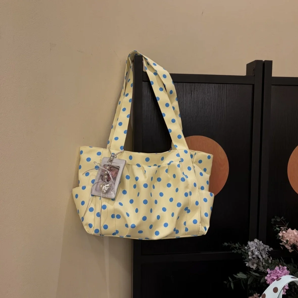 Polka Dot Lightweight Multi-pocket Commuter Tote Casual Portable Canvas Polka Dot Shoulder Shopping Bag
