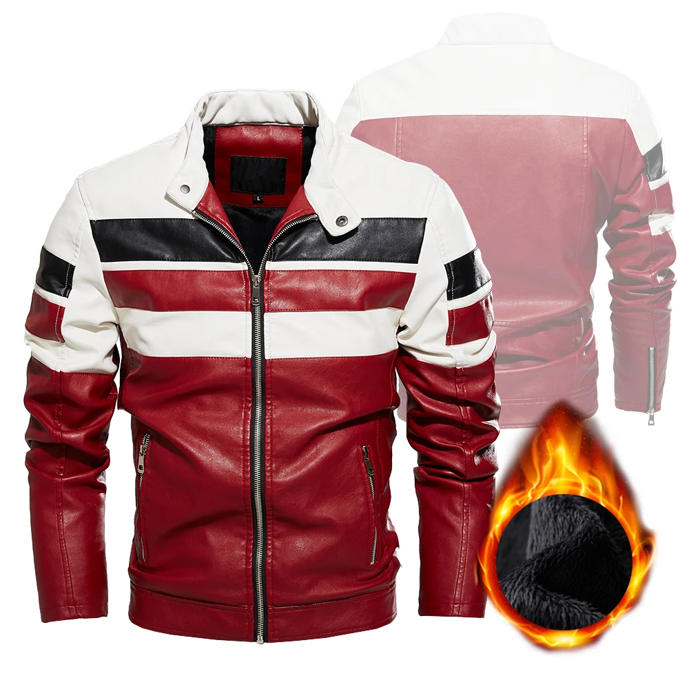 Autumn/Winter Fleece Motorcycle PU Leahter Jackets Male Leather Jacket Male  Casual Windbreaker Slim Coat Contact Color Clothing