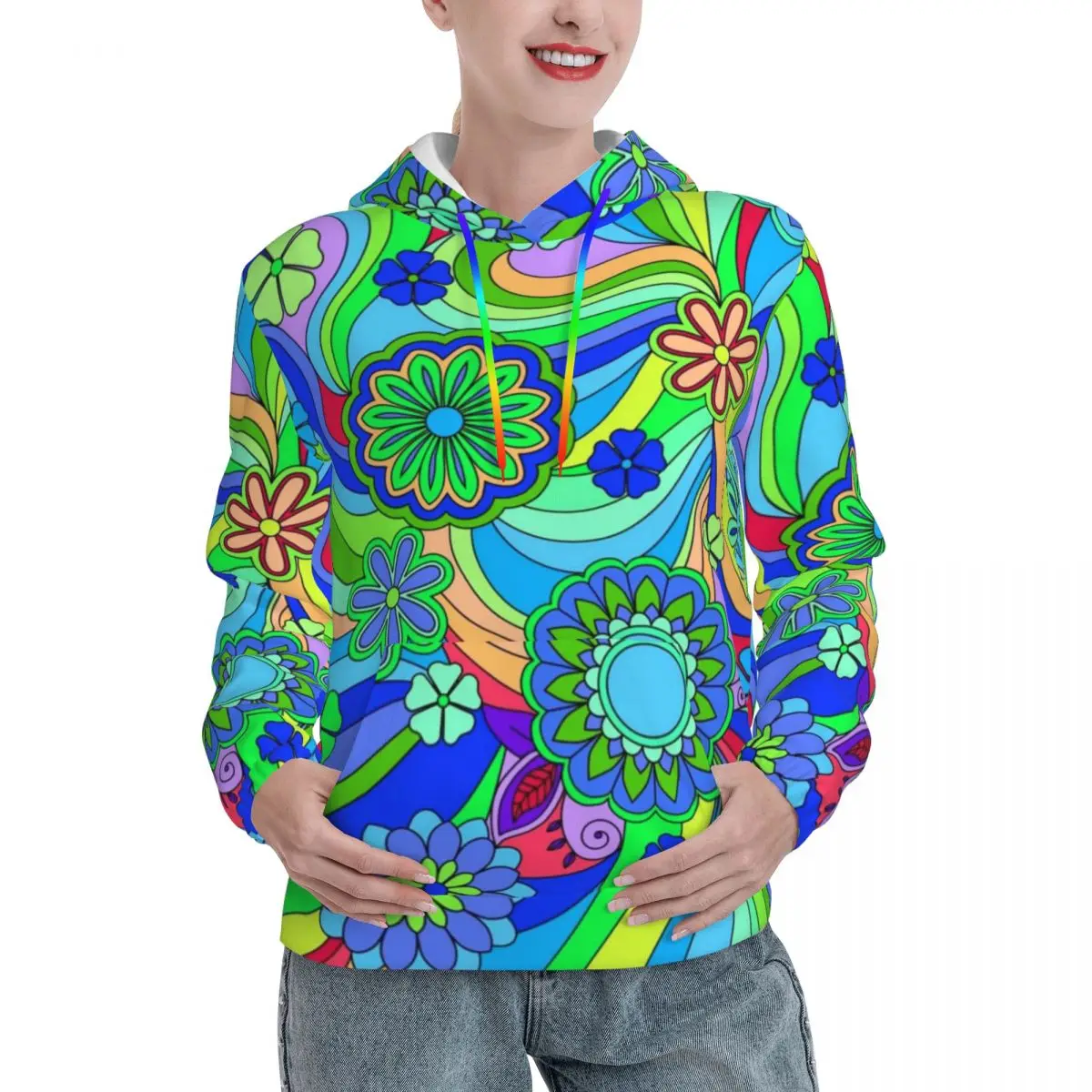 Hippy Trippy Flower Power Casual Hoodies Daisy Print Harajuku Hooded Shirt Spring Long Sleeve Loose Oversize Pullover Hoodie