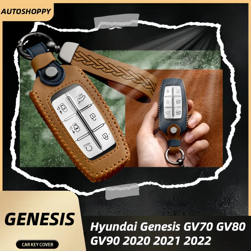 

For Hyundai Genesis Crazy Horse Leather Car Key Cover Case G80 GV70 GV80 2019 2020 Remote Key Holder Car Accessories Keychain