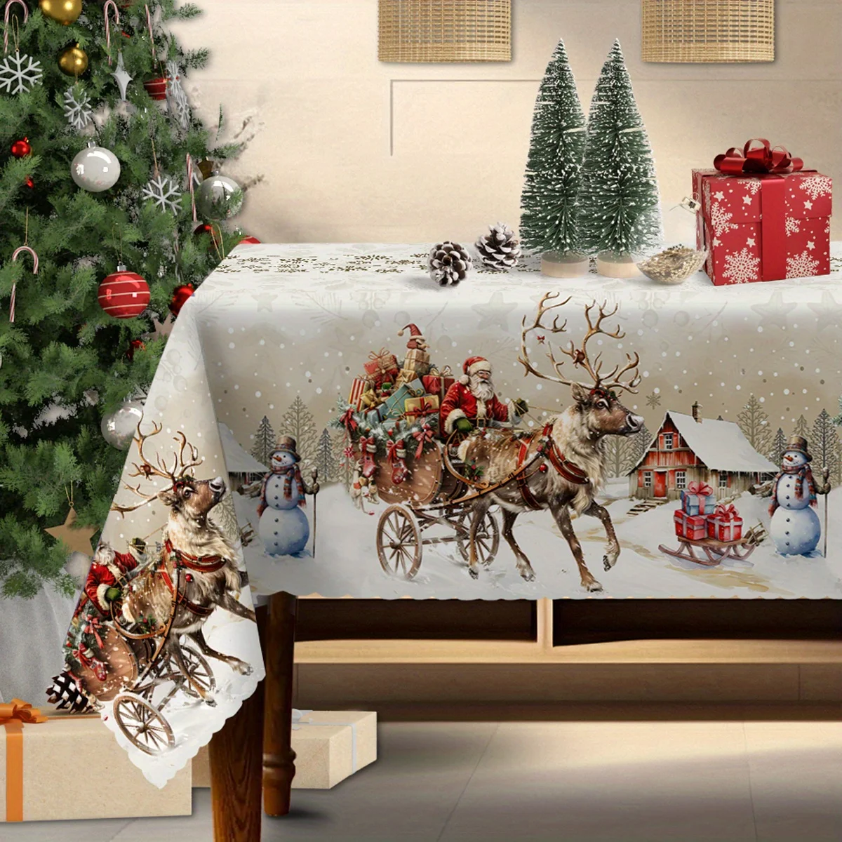 1 piece, farmhouse Christmas tablecloth, featuring a design of a moose pulling Santa Claus and gifts, perfect for Christmaszyc