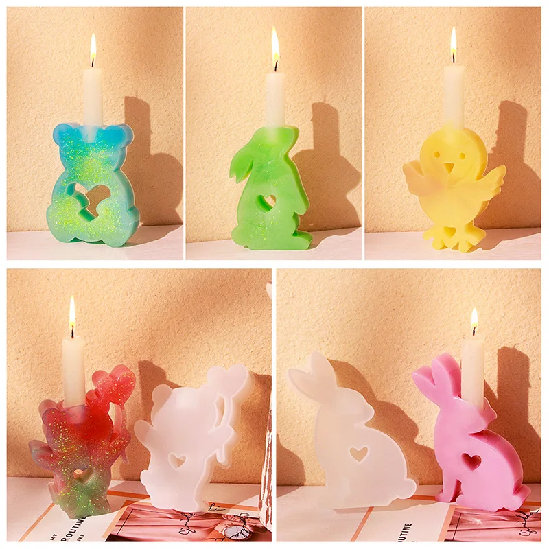 Animal Shape Silicone Candle Mould Concrete Molds Chicken Rabbit Candlestick Mold Resin Concrete Candle Holder Moulds Home Decor