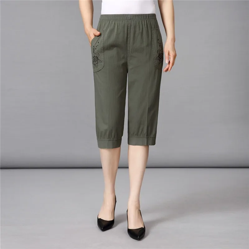 Women Cropped Pants Summer Middle-aged Lady Elastic Waist Loose Casual Pants Cotton Thin Female Sweatpants