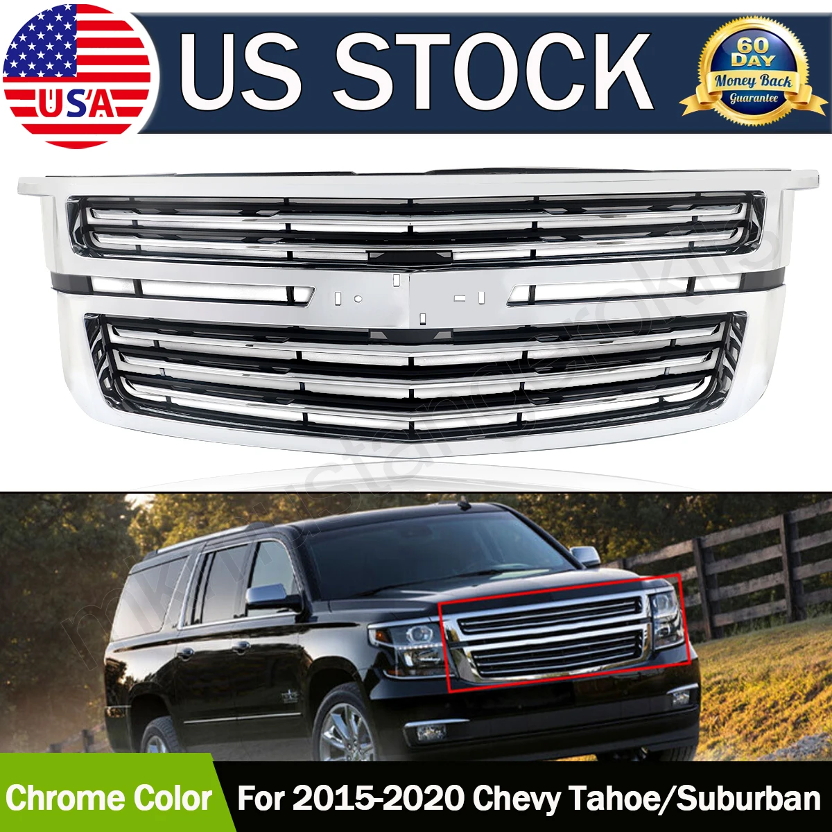 SAIQINGSP 1Pcs Front Bumper Upper Grille Grill Fits For 2015-2020 Chevrolet Tahoe model Chrome Car Accessories Tools