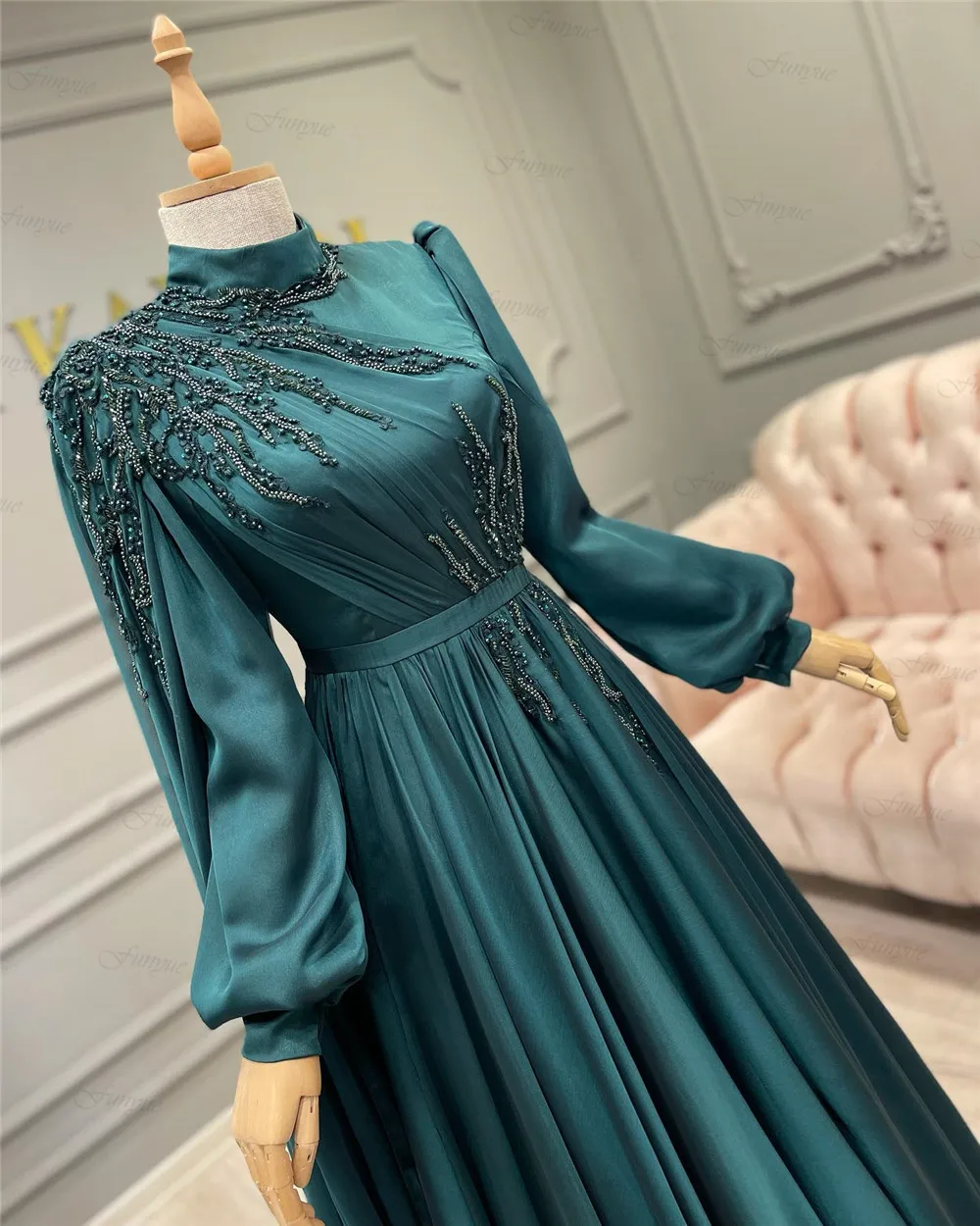 Teal A-Line Long Sleeve Formal Dress Lace Beaded Chiffon Moroccan Caftan Muslim Evening Party Gowns 2022 New