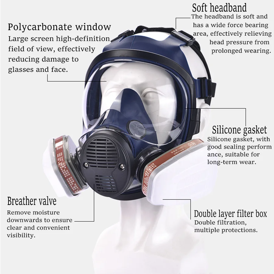 قناع غاز A8 مع فلتر، قناع تنفس كامل الوجه، قناع غاز لهندسة البناء، الطلاء، الغبار، الرش، اللحام، التلميع