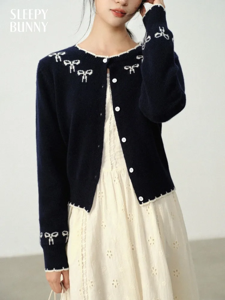 Wool Knit Cardigan Women Contrast Bow Embroidery Sweater Autumn Short Slim Fit Round Neck Outerwear Jacket for Casual Layering