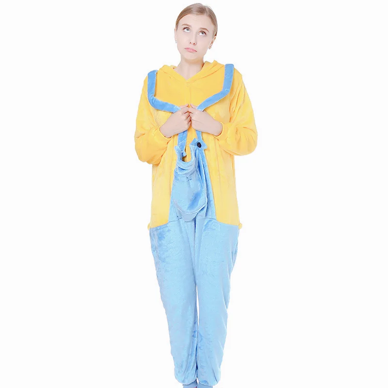 Blue and Yellow Color Matching Jumpsuit Pajamas Holiday Party Cosplay Outfit Parent-child Costume Warm Flannel Hooded Home Wear