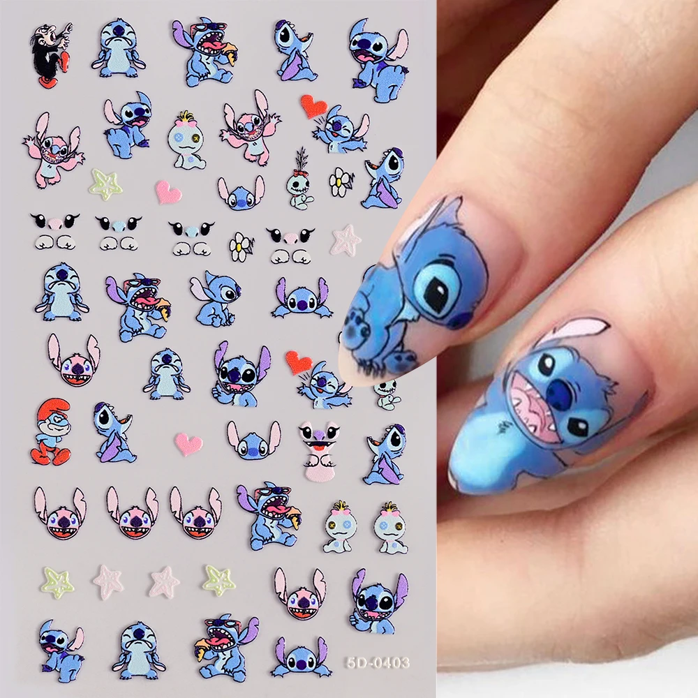 5D tłoczone kreskówki Mini Stitch naklejki na paznokcie wiele wyrażeni akrylowe naklejki na paznokcie śliczne postać z Anime Y2K suwaki do Manicure